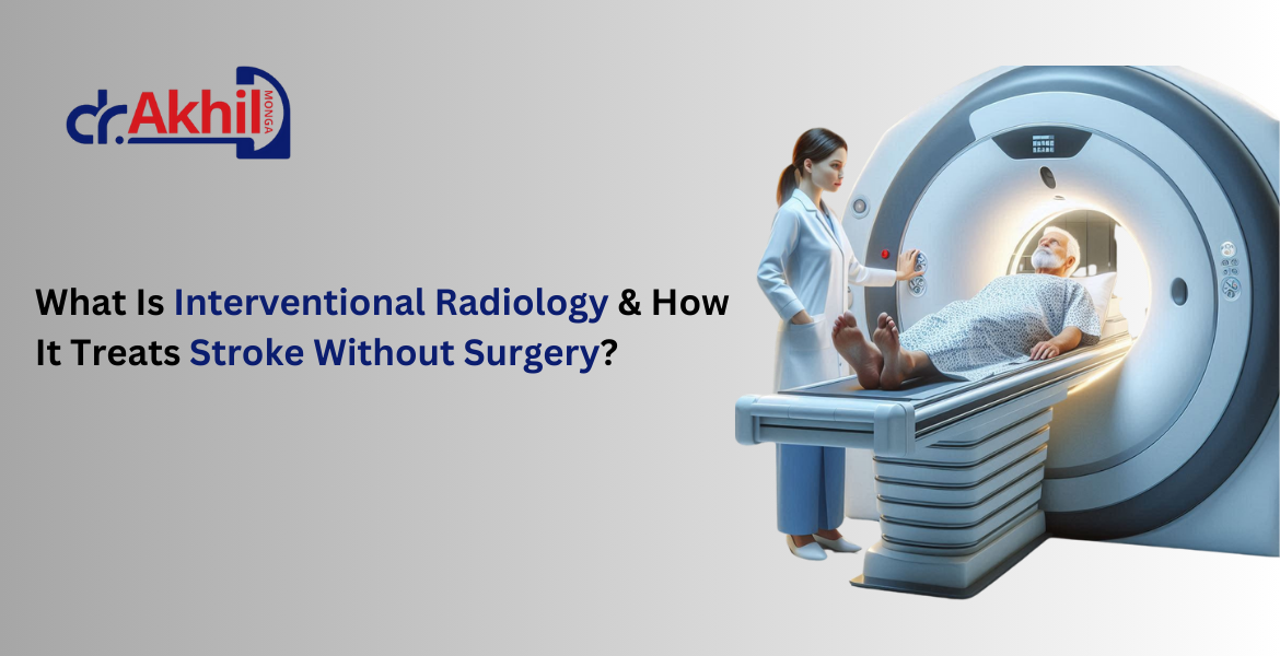 Interventional radiology for stroke treatment with a doctor operating an MRI scanner for a patient lying on the table.